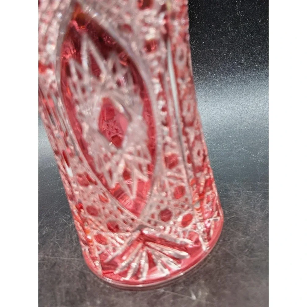 Vintage Crystal De Arques Ruby Red Cut Clear Glass Vase Sawtooth Starburst 6.75